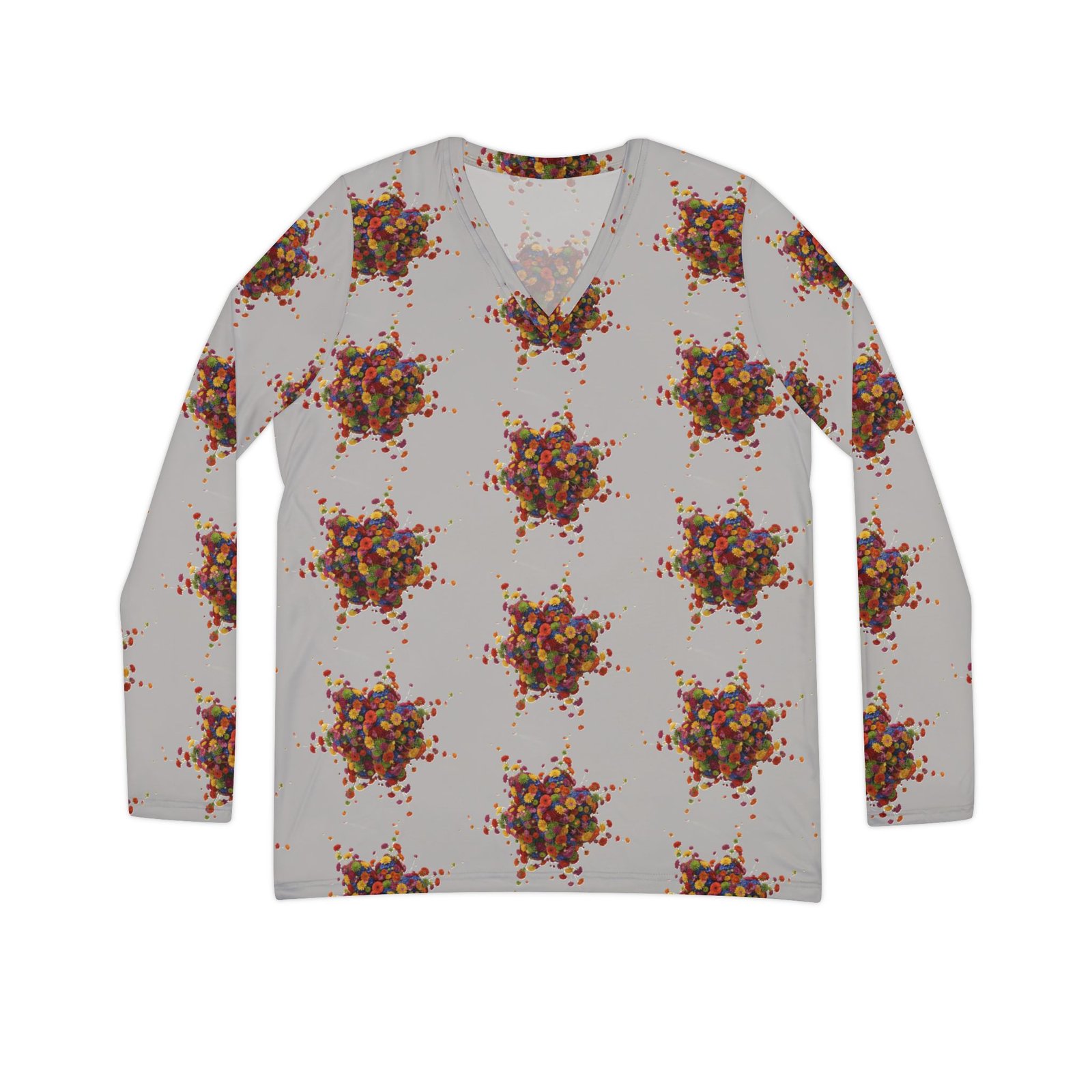 Women's Long Sleeve V-neck Shirt with Colorful Floral Print - Image 2