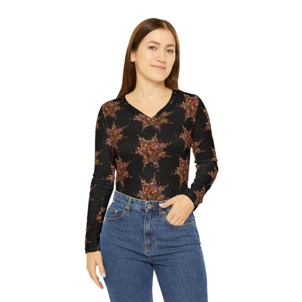 Women's Long Sleeve V-neck Shirt with Colorful Floral Print - Black