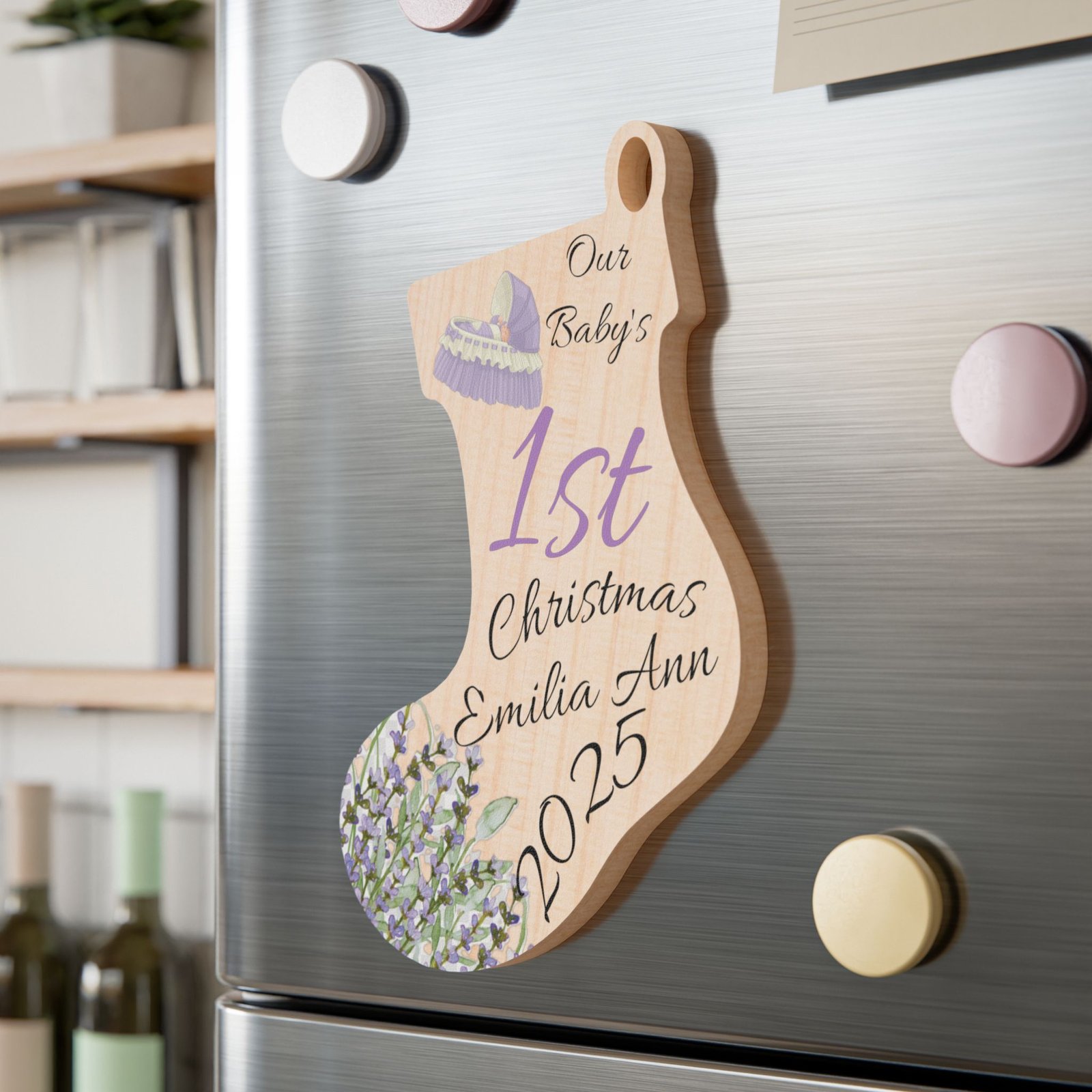 Personalized Wooden Baby's 1st Christmas w/Year Ornaments (and Magnet) - Image 4