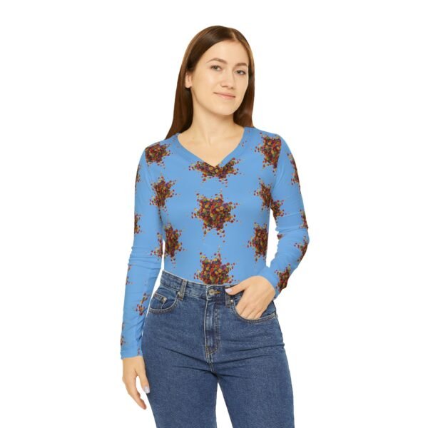 Women's Long Sleeve V-neck Shirt with Colorful Floral Print - Blue