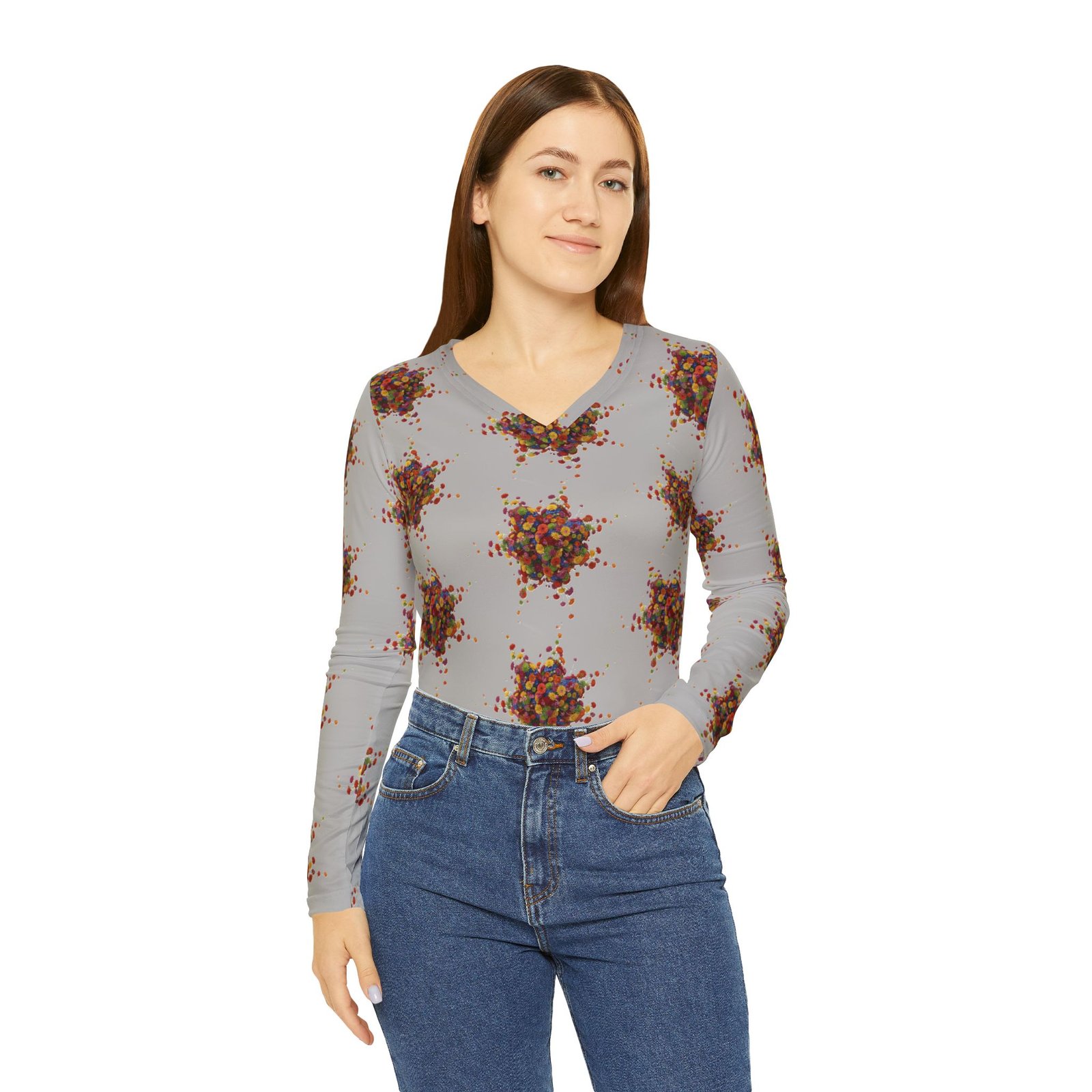 Women's Long Sleeve V-neck Shirt with Colorful Floral Print