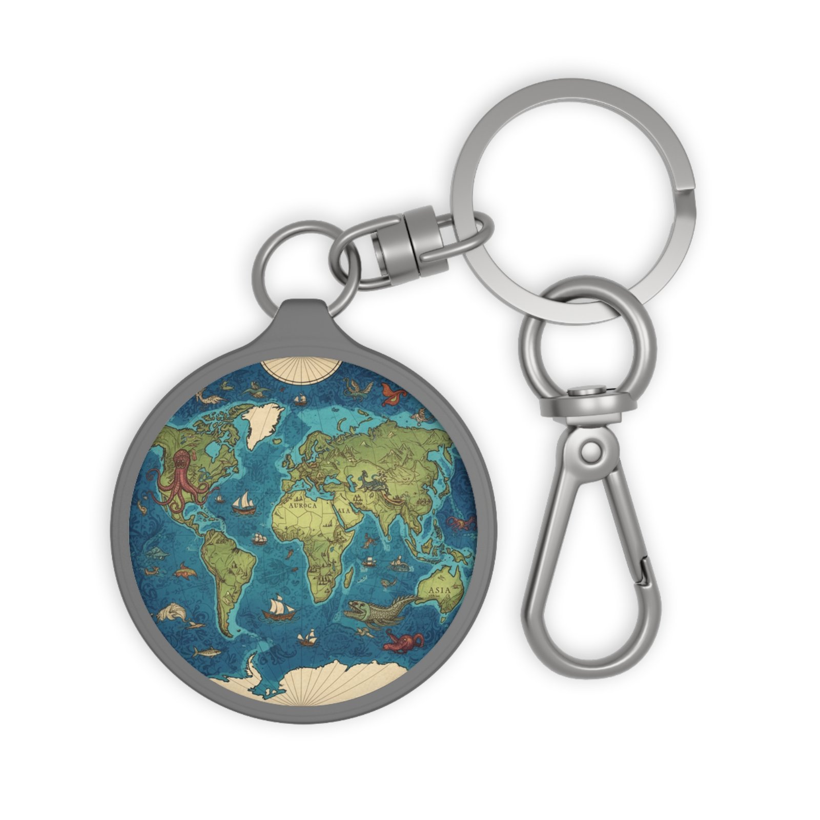 World Map with Mythical Creatures Keyring Tag
