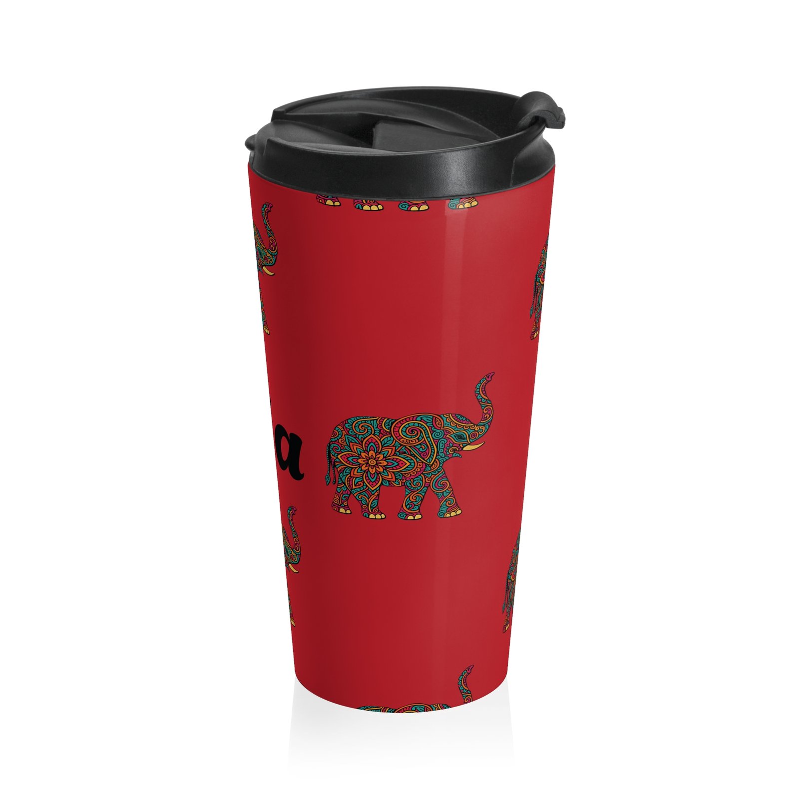 Personalized Vibrant Mandala Elephant Travel Mug - Red - Image 4