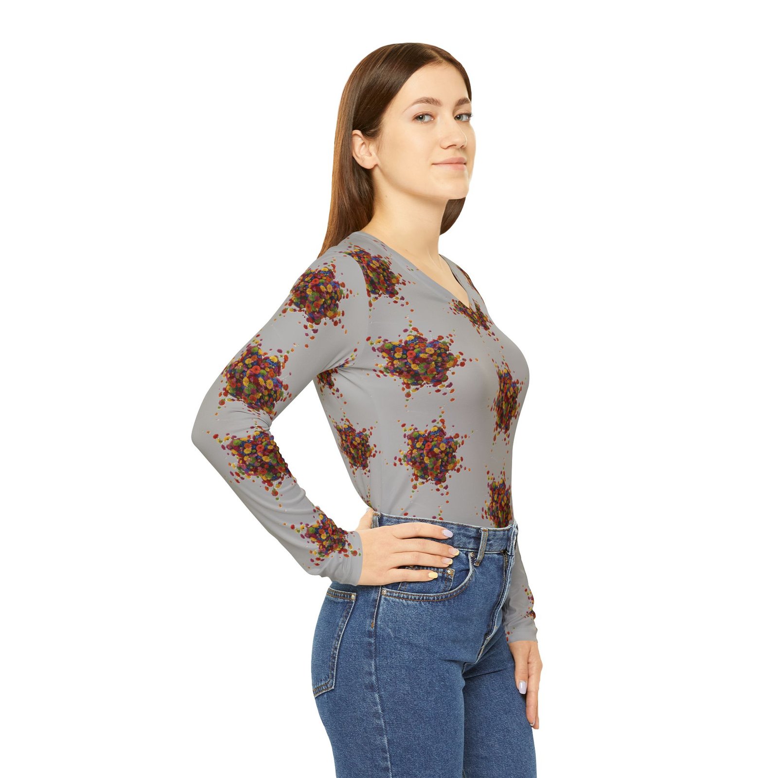Women's Long Sleeve V-neck Shirt with Colorful Floral Print - Image 5