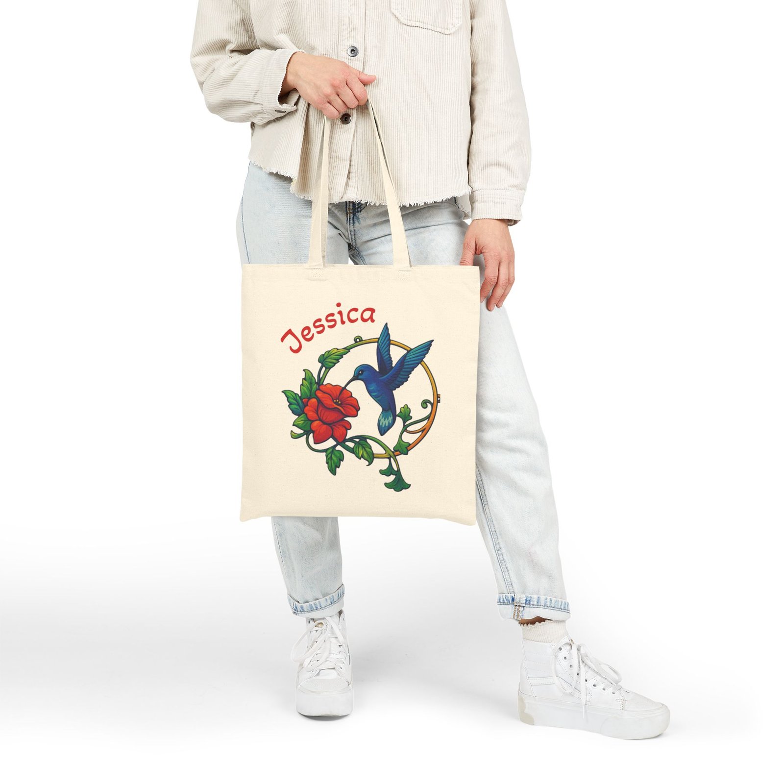 Personalized Hummingbird & Rose Canvas Tote Bag - Image 2