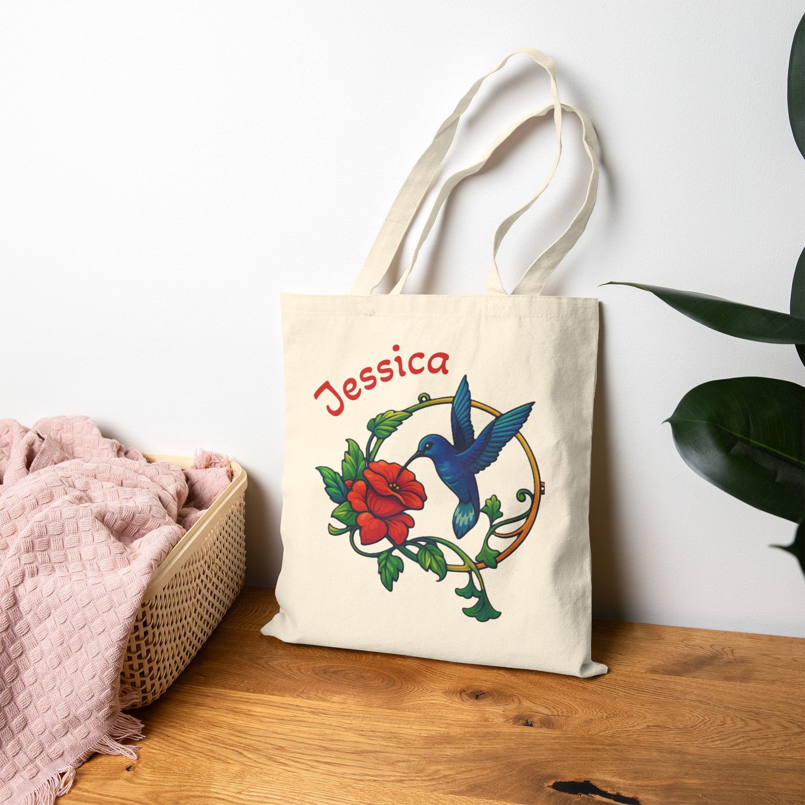 Personalized Hummingbird & Rose Canvas Tote Bag - Image 3