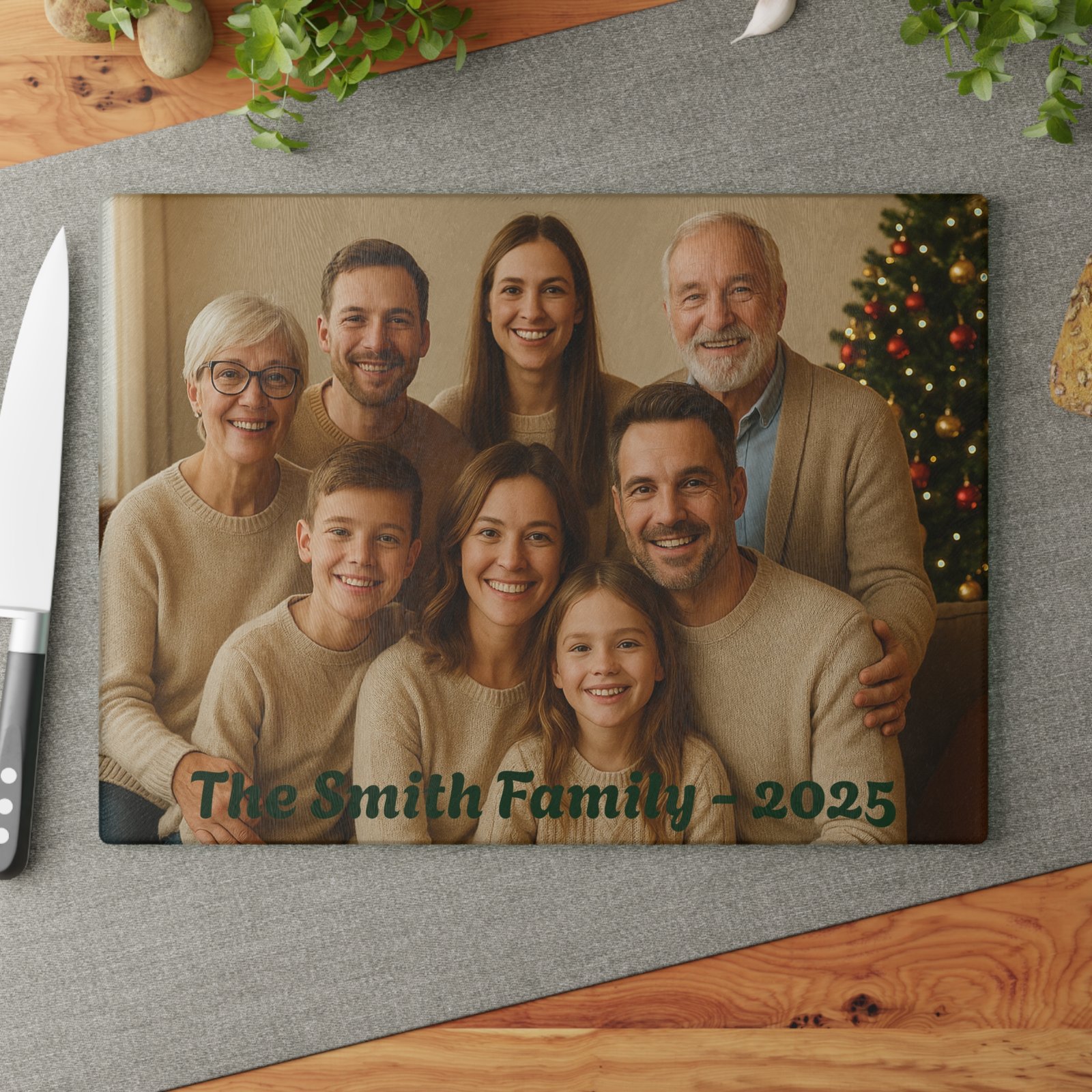 Personalized Holiday Family Photo w/Date Glass Cutting Board