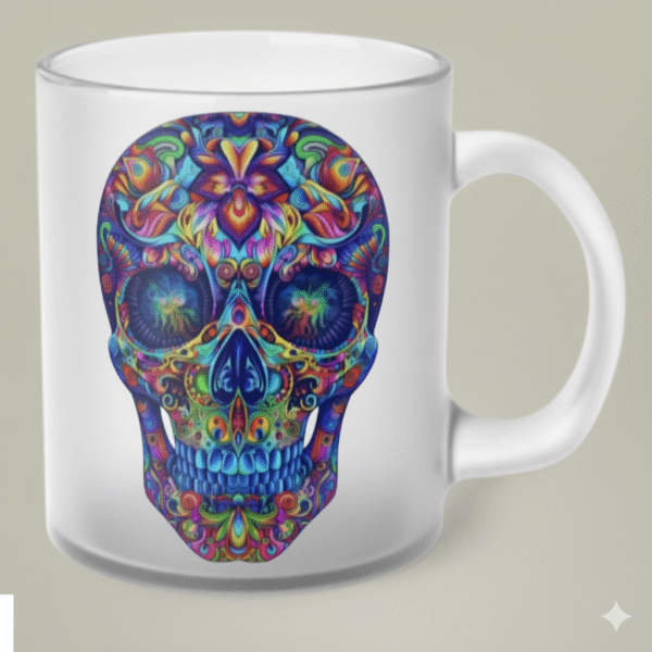 Personalized Frosted Glass Coffee Mug with Colorful Skull Design
