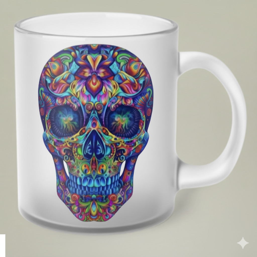 Personalized Frosted Glass Coffee Mug with Colorful Skull Design