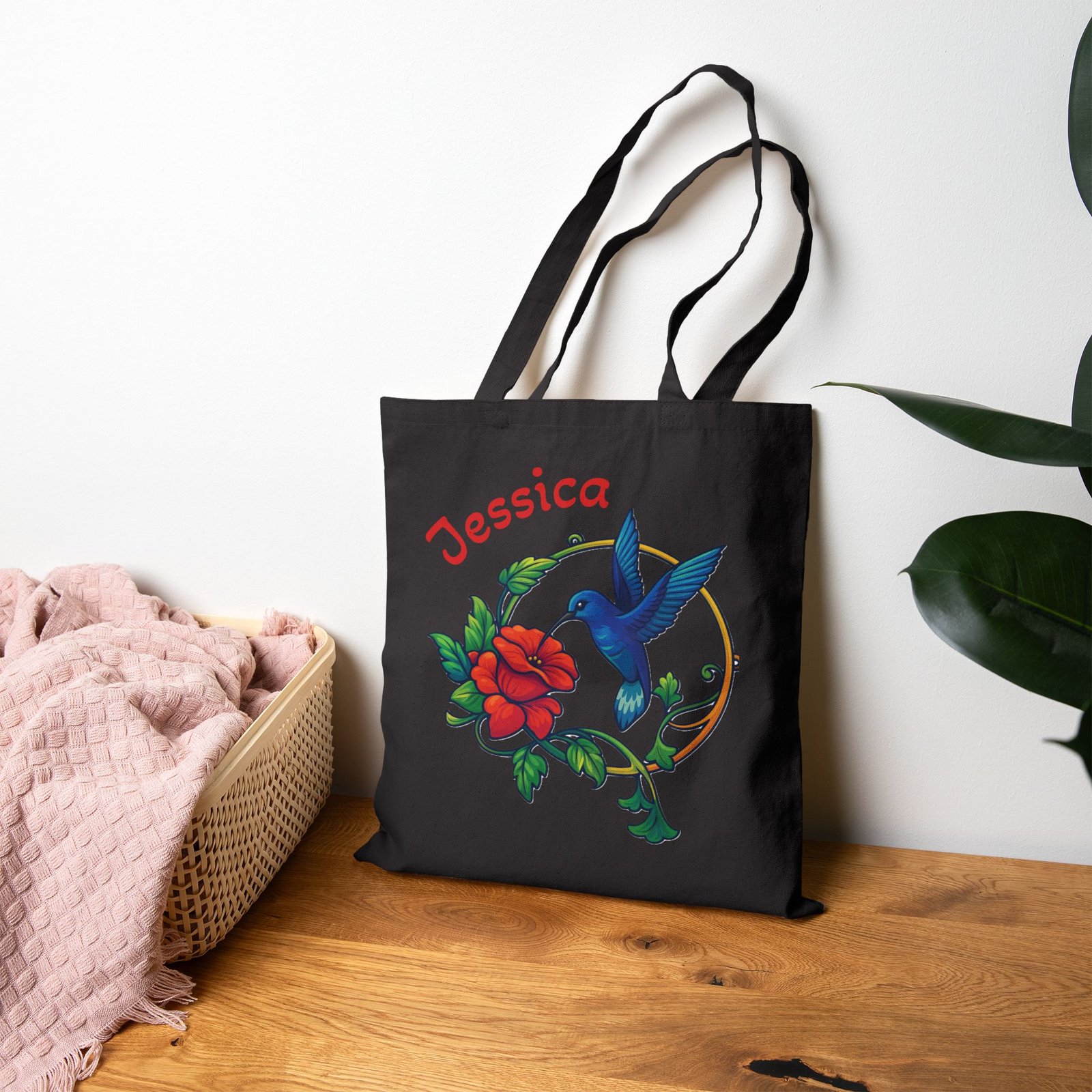 Personalized Hummingbird & Rose Canvas Tote Bag - Image 6