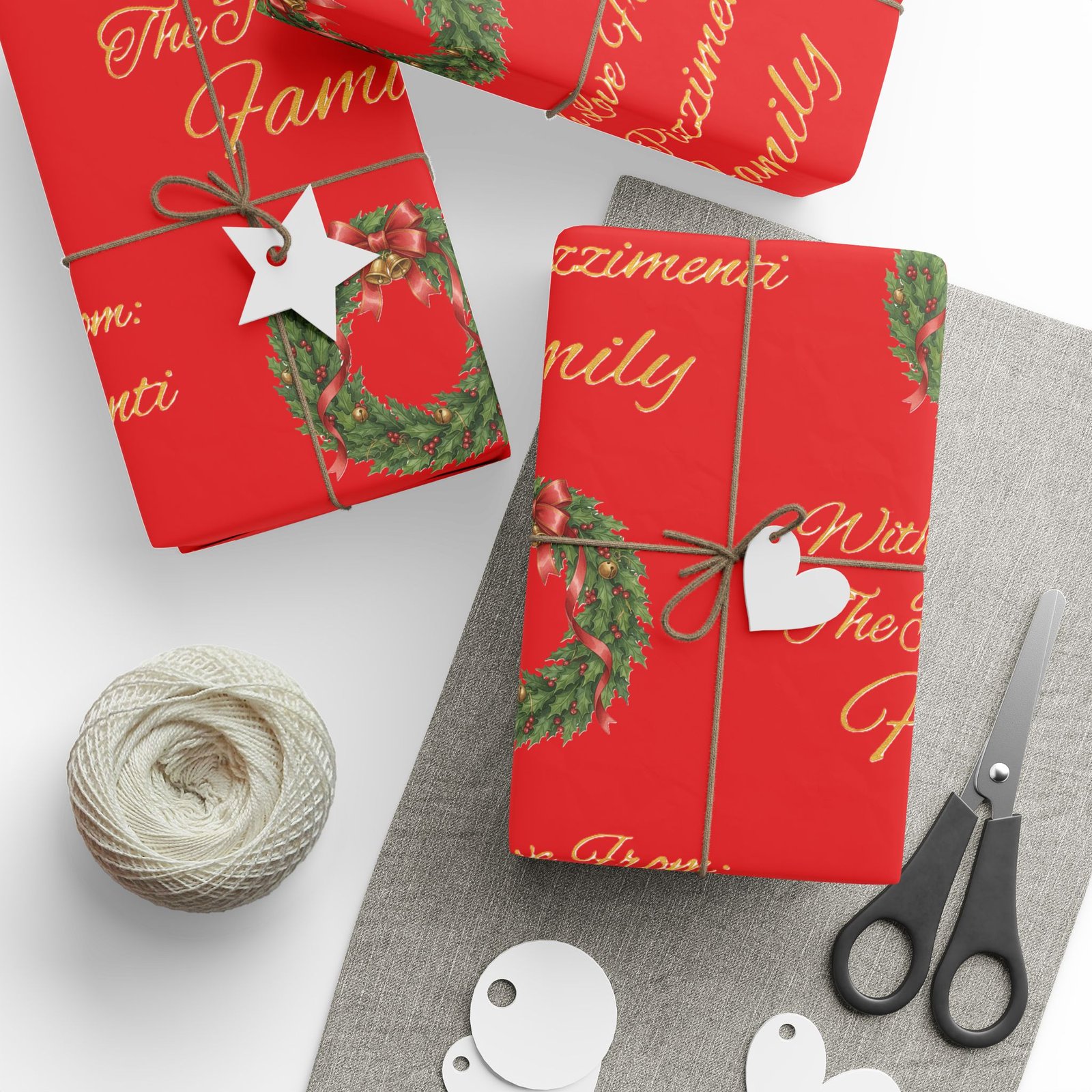 Festive Wreaths with Personalized Family Name Wrapping Paper - Image 3