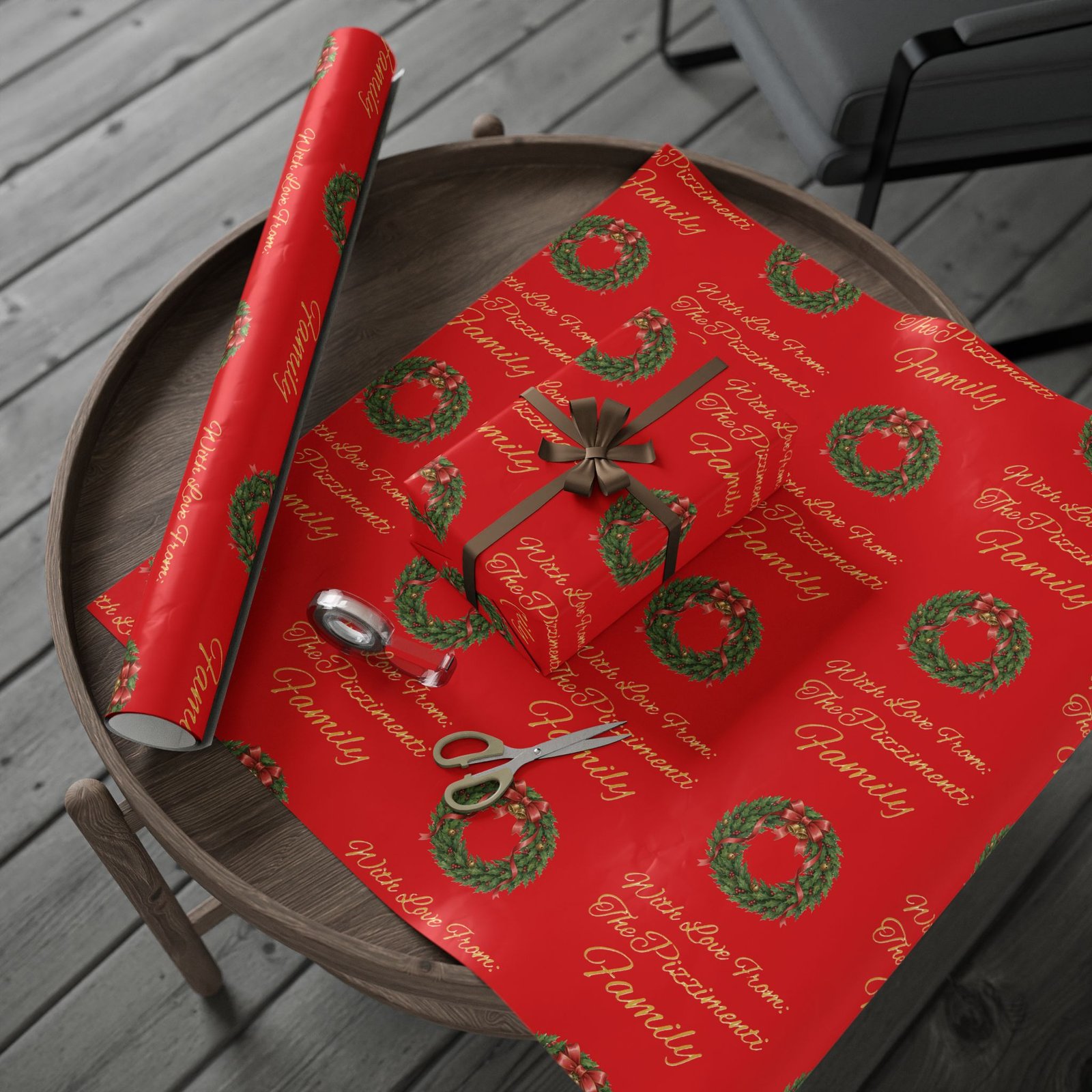 Festive Wreaths with Personalized Family Name Wrapping Paper - Image 4